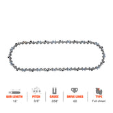 Hipa 16 Inch Standard Chain 3/8 .058 60 DL For Husqvarna Poulan 475 Jonsered 2165 CS2350 Echo CS-590 Dolmar PS-460 PS-510 PS-540 Chainsaw